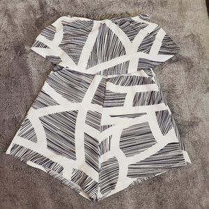 Retro Strapless Romper: White & Black Geometric, with Pockets!